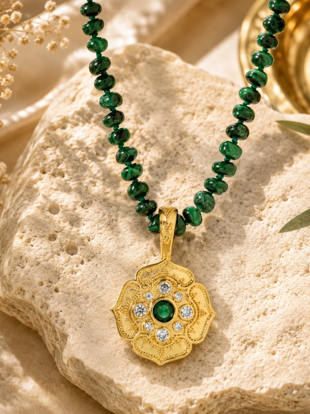 Malachite and Gold Fleur Necklace Emerald and clear gemstone